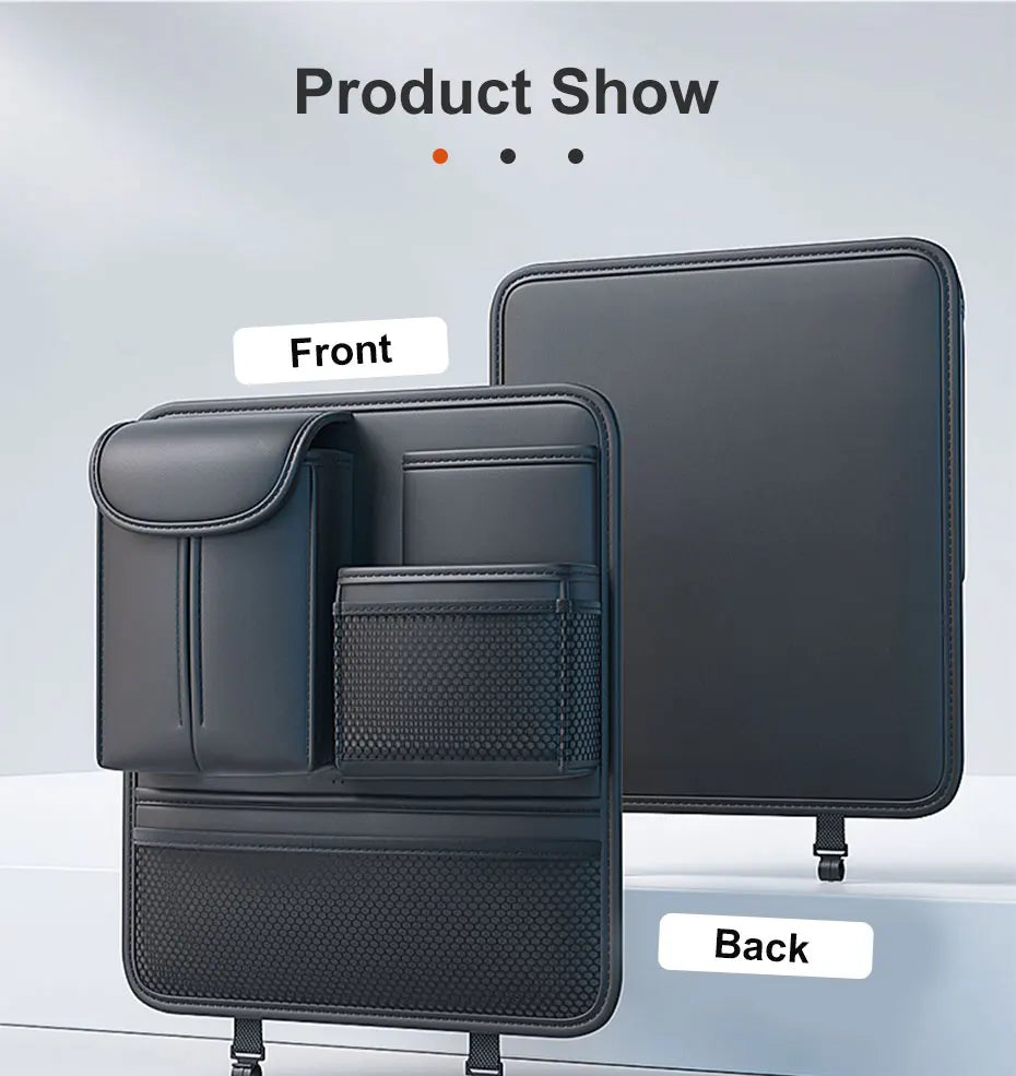 SEAMETAL Car Seat Back Organizer Rear Row Storage Bag with Elastic Band Nappa Leather Multi Pocket Anti Kick Pad Seat Protector