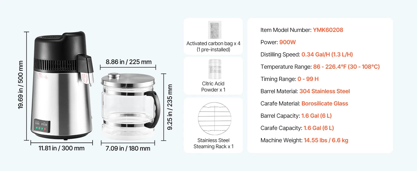 6L Countertop Water Distiller 900W White