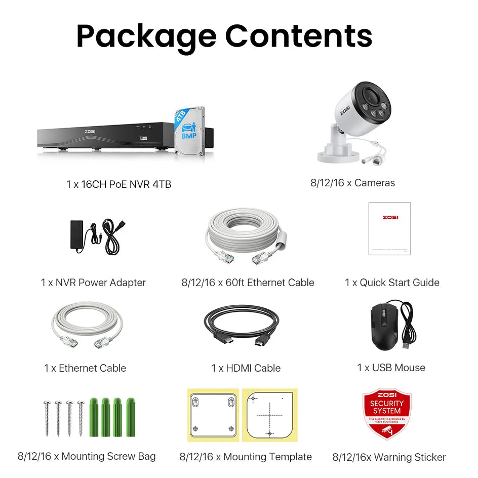 ZOSI 16CH 4K PoE CCTV System with 4TB HDD and 8MP Cameras