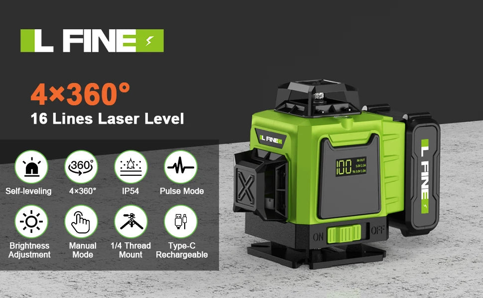 LFINE 3D/4D Laser Level 8/12/16 Lines Horizontal And Vertical With Remote Control 8 Lines 360°Self-leveling Laser Levels