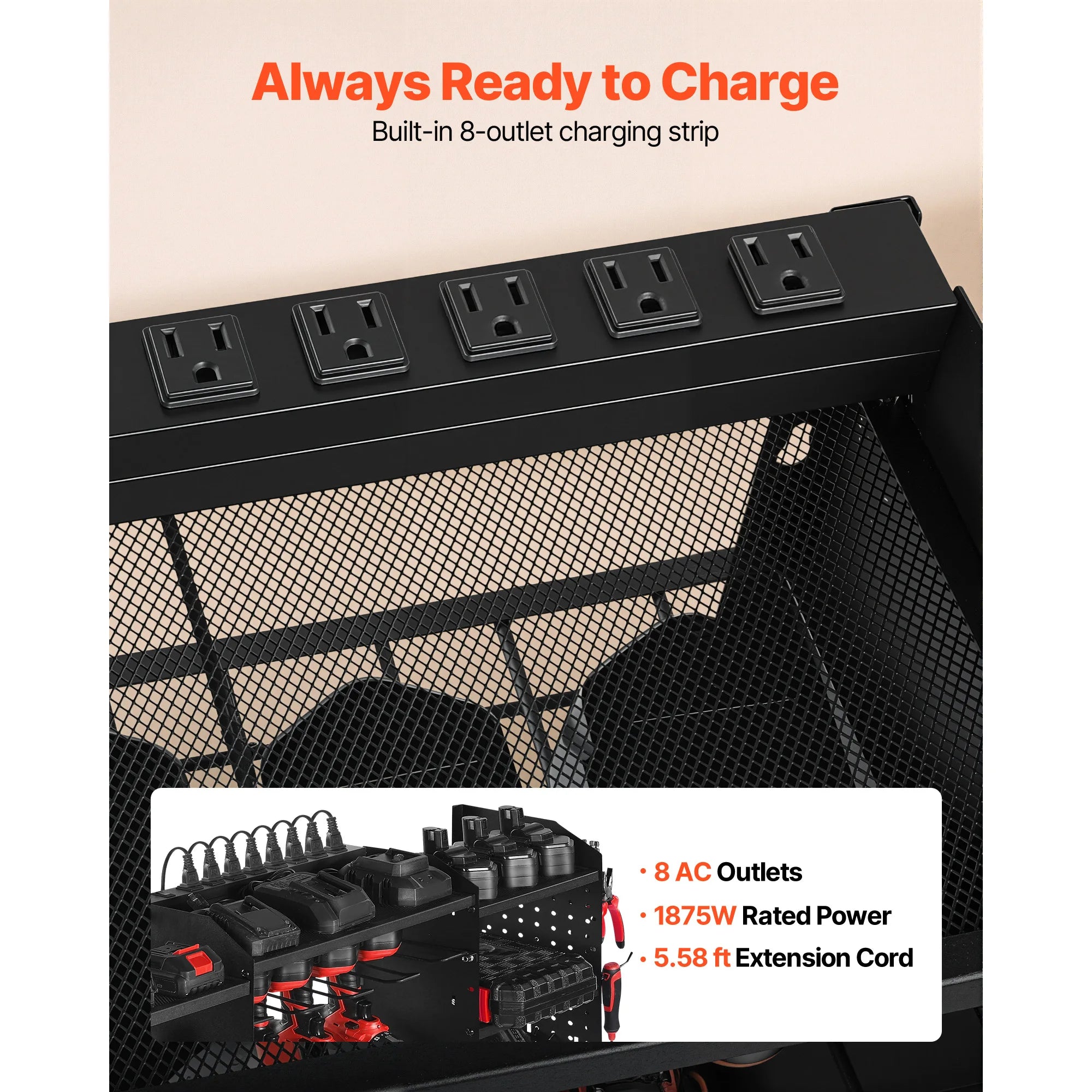 3-Tier Power Tool Organizer with 8-Outlet Charging Station Rack