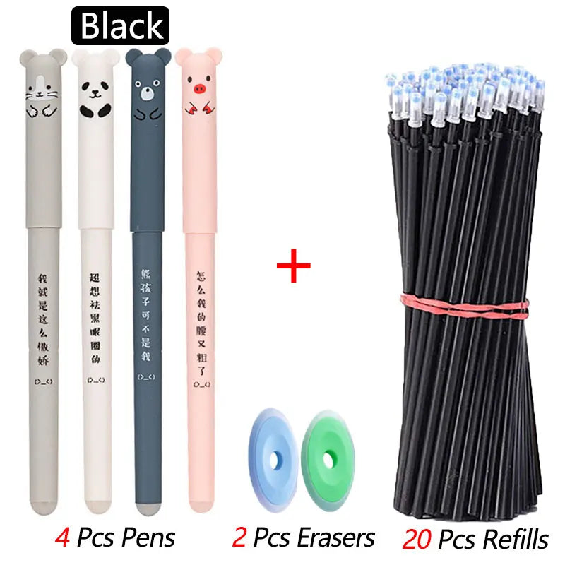 4+2+20 Pcs/Set Kawaii Erasable Gel Pens 0.35mm Waterproof Blue/Black/Red Gel Ink Stationery School supplies for Office Student