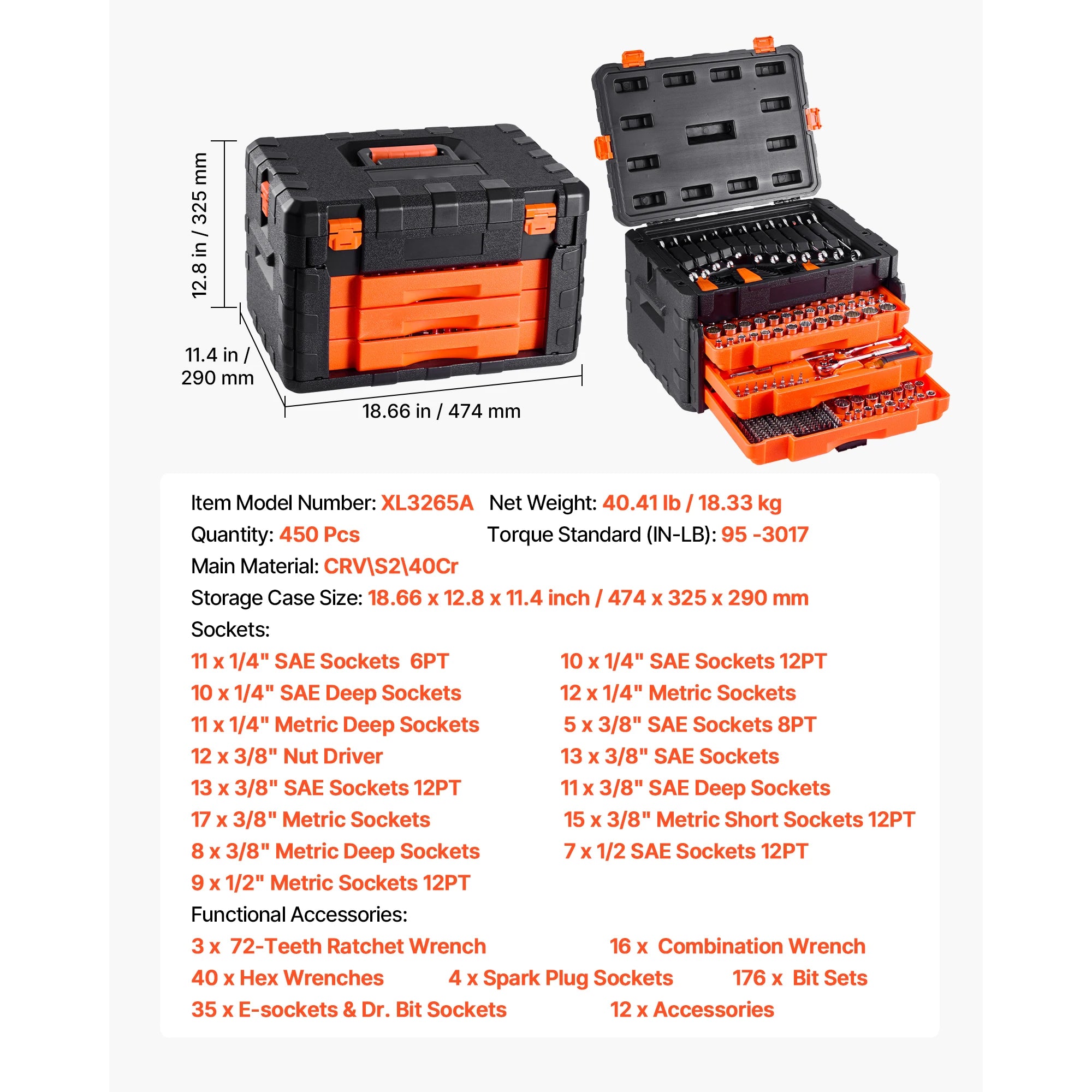 450-Piece Mechanics Tool Set with SAE & Metric Sockets Case