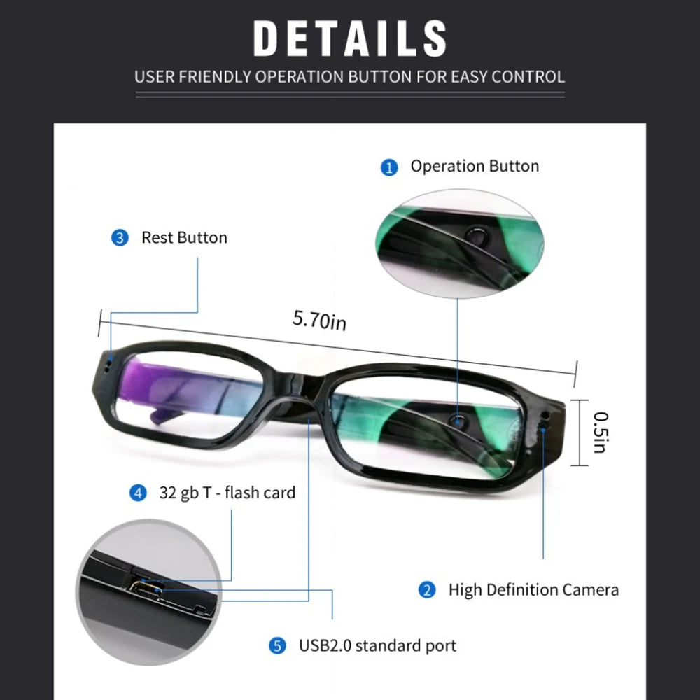 1080P HD Wearable Glasses Camera for Outdoor Sports