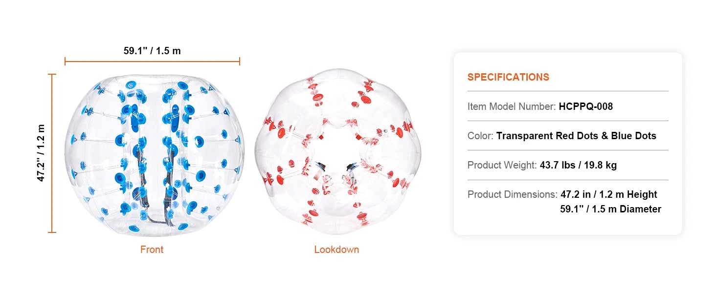 SucceBuy 2‑pack 5FT/1.5m nafukovací bumper balls, silné bublinkové míče pro fotbal, 0,8 mm nafukovací zorb míče pro dospělé nebo děti