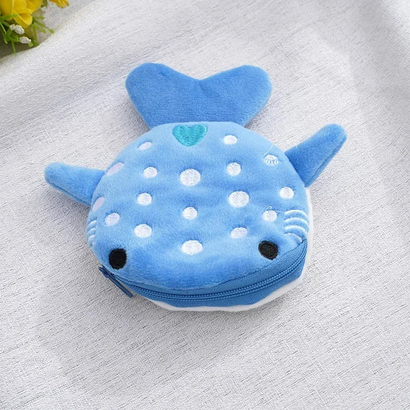 Fashion Cute Blue Shark Mini Whales Coin Purse Plush Zipper Coin Wallet Designer Women's Small Change Bag Key Earphone Pouch