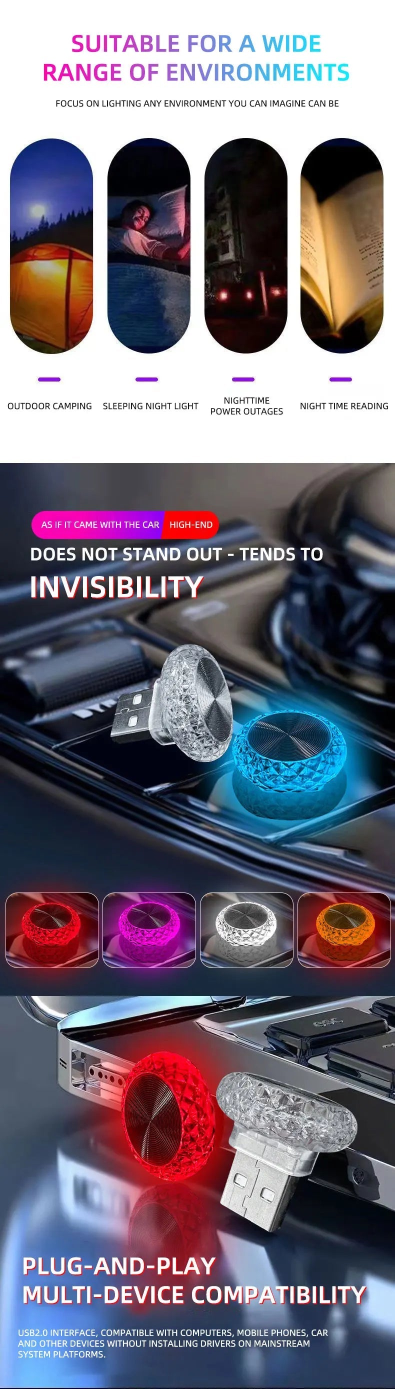1pc Colorful Portable USB Mini LED Ambient Light for Car Interior Computer Atmosphere Lamp Plug and Play Night Light