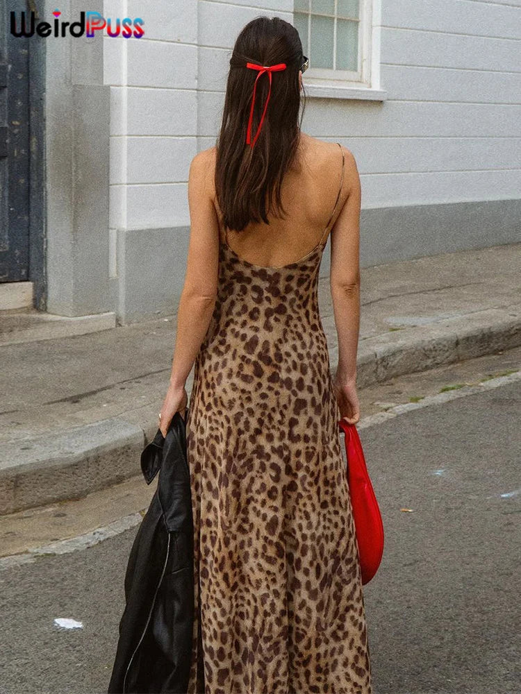 Weird Puss Leopard Print Dress Woman Summer Sexy Swing Collar Spaghetti Straps Backless Ruffles Party Clubwear Skinny Vestidos