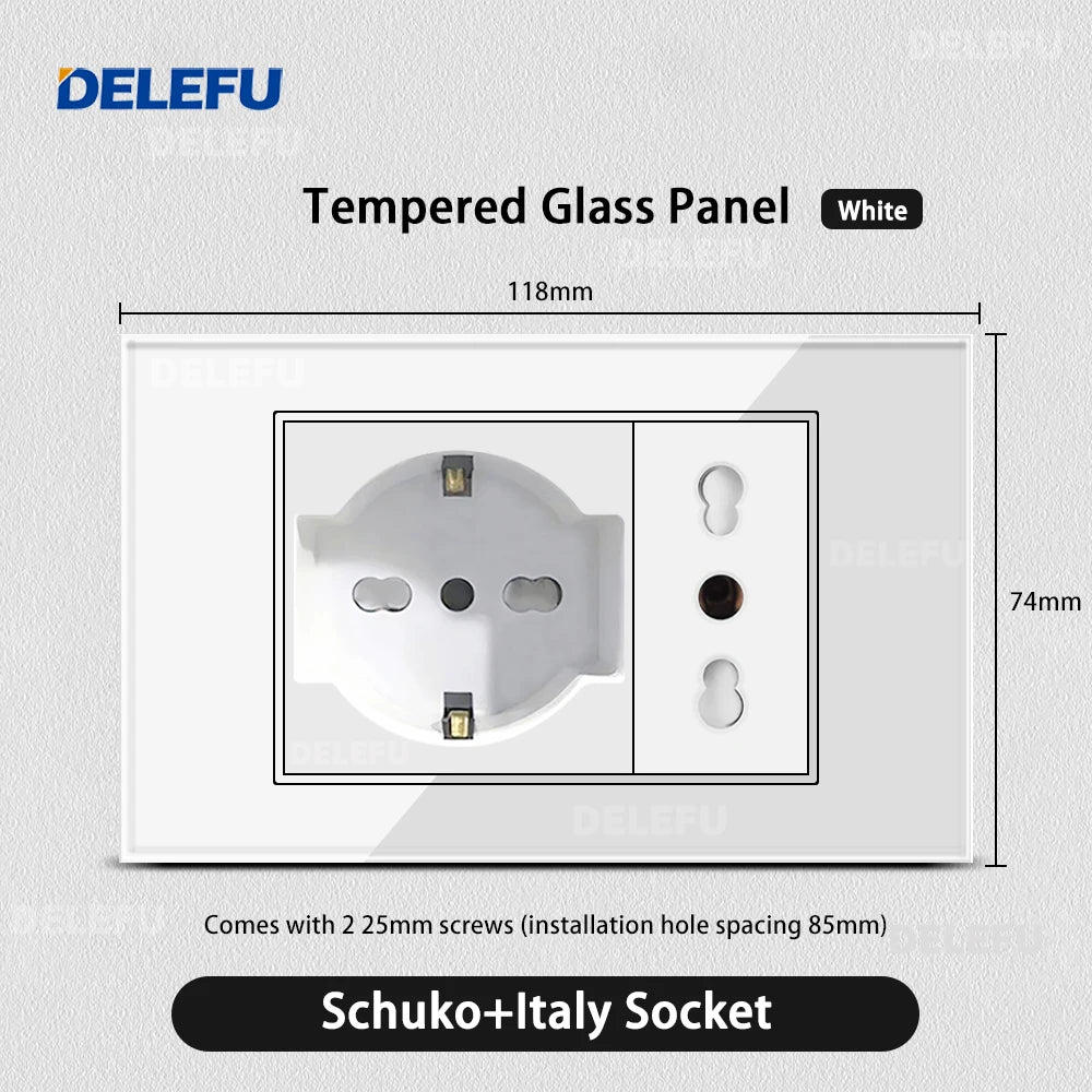DELEFU White Tempered Glass Italy USB TypeC Fast Charging Wall Socket Schuko Tuya Wifi Smart Switch Sat TV Tel Doorbell Chile