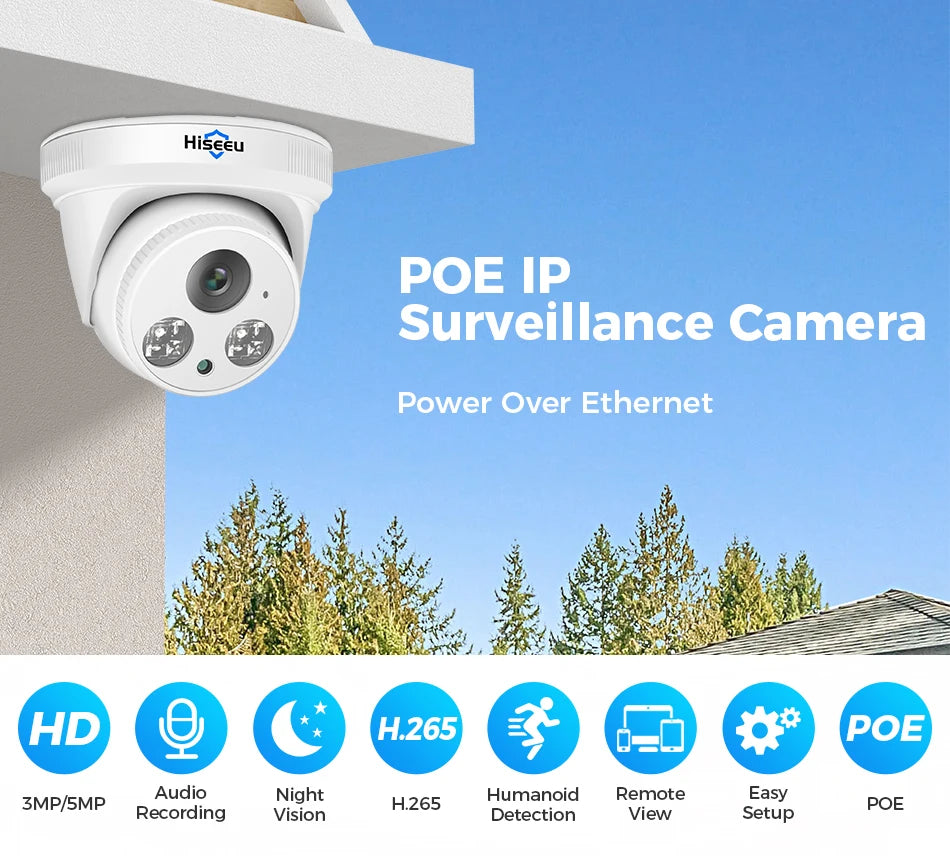 5MP PoE IP Dome Sicherheitskamera mit Bewegungserkennung, Innen/Außen