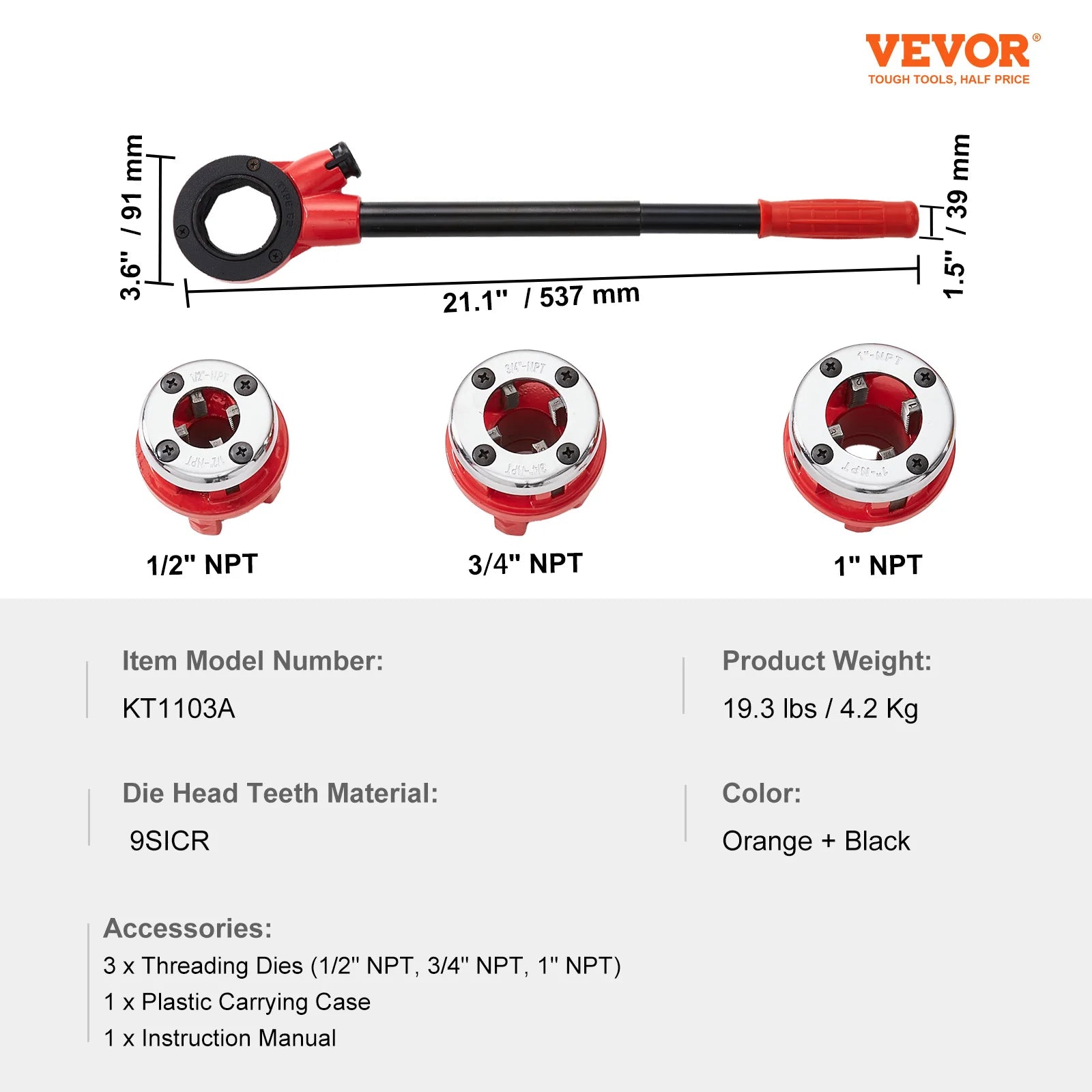 Manual Ratcheting Pipe Threader Kit with 3 NPT Sizes 1/2-1 Inch