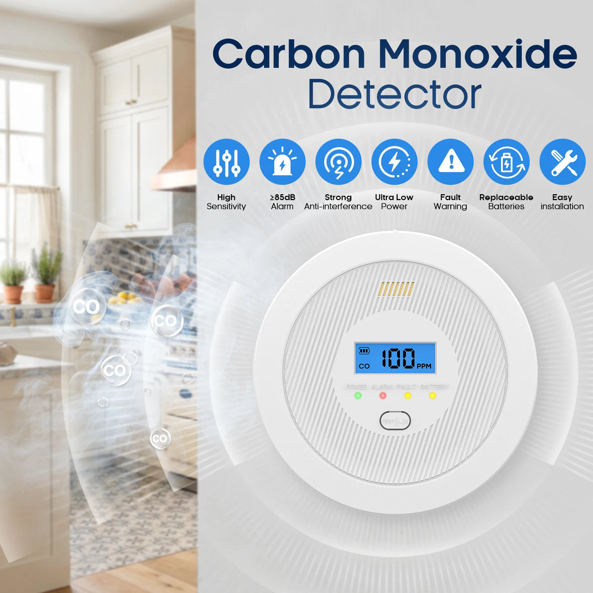 LCD Display Carbon Monoxide Alarm, 85dB CO Detector