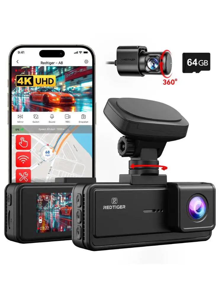 REDTIGER A8 4K+1080P Dash Cam with GPS, WiFi, Touch Screen