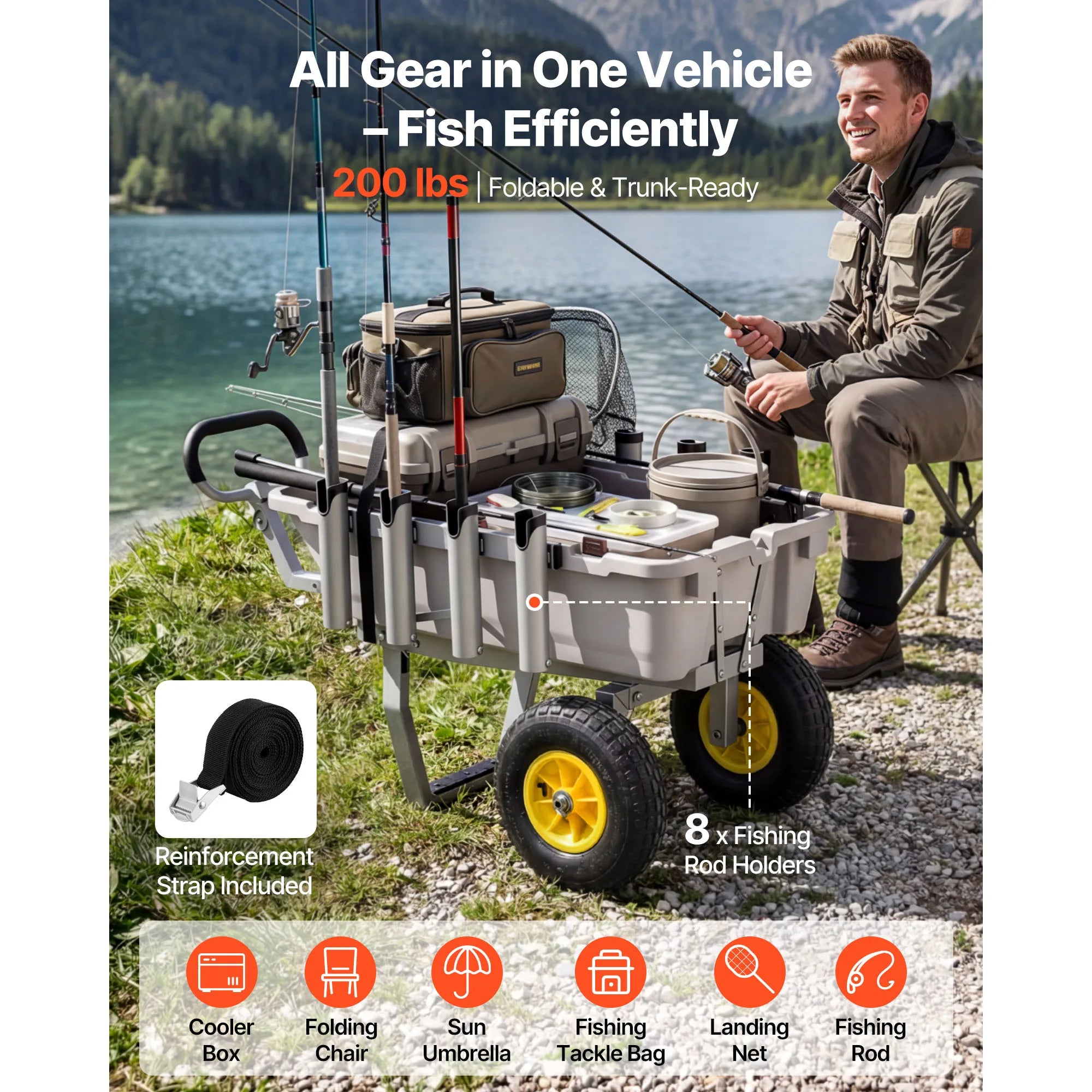 SucceBuy 200 lbs Foldable Beach Fishing Cart with Aluminum Alloy Frame 13in Tires & 8 Rod Holders for Outdoor Camping Picnic