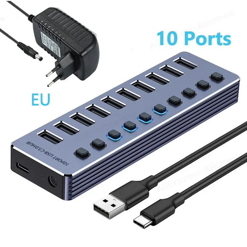 USB-C Hub with Individual Switches, 7 or 10 USB 3.0 Ports