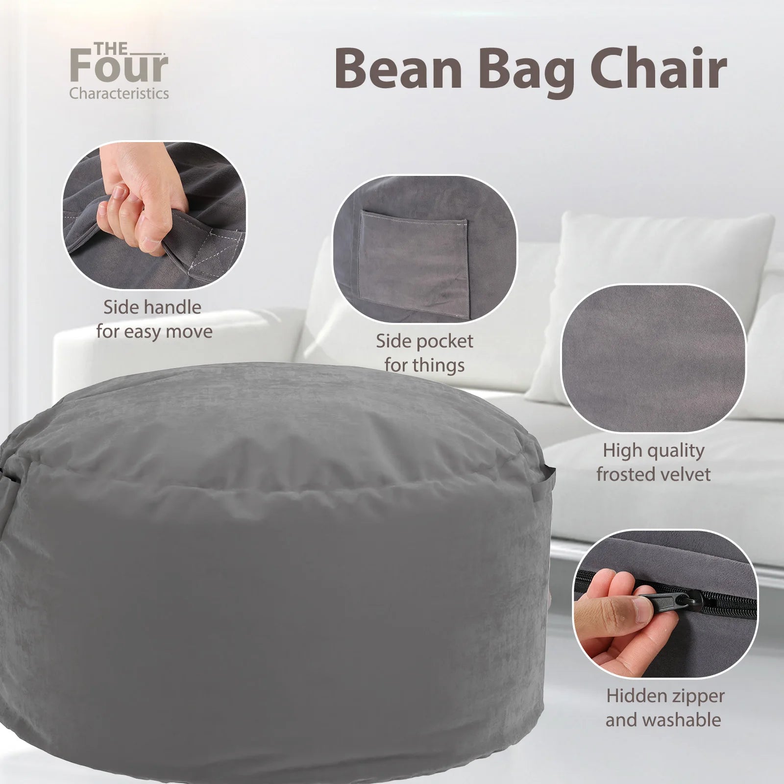 Oversized Foam Bean Bag Chair with Washable Cover & Pocket