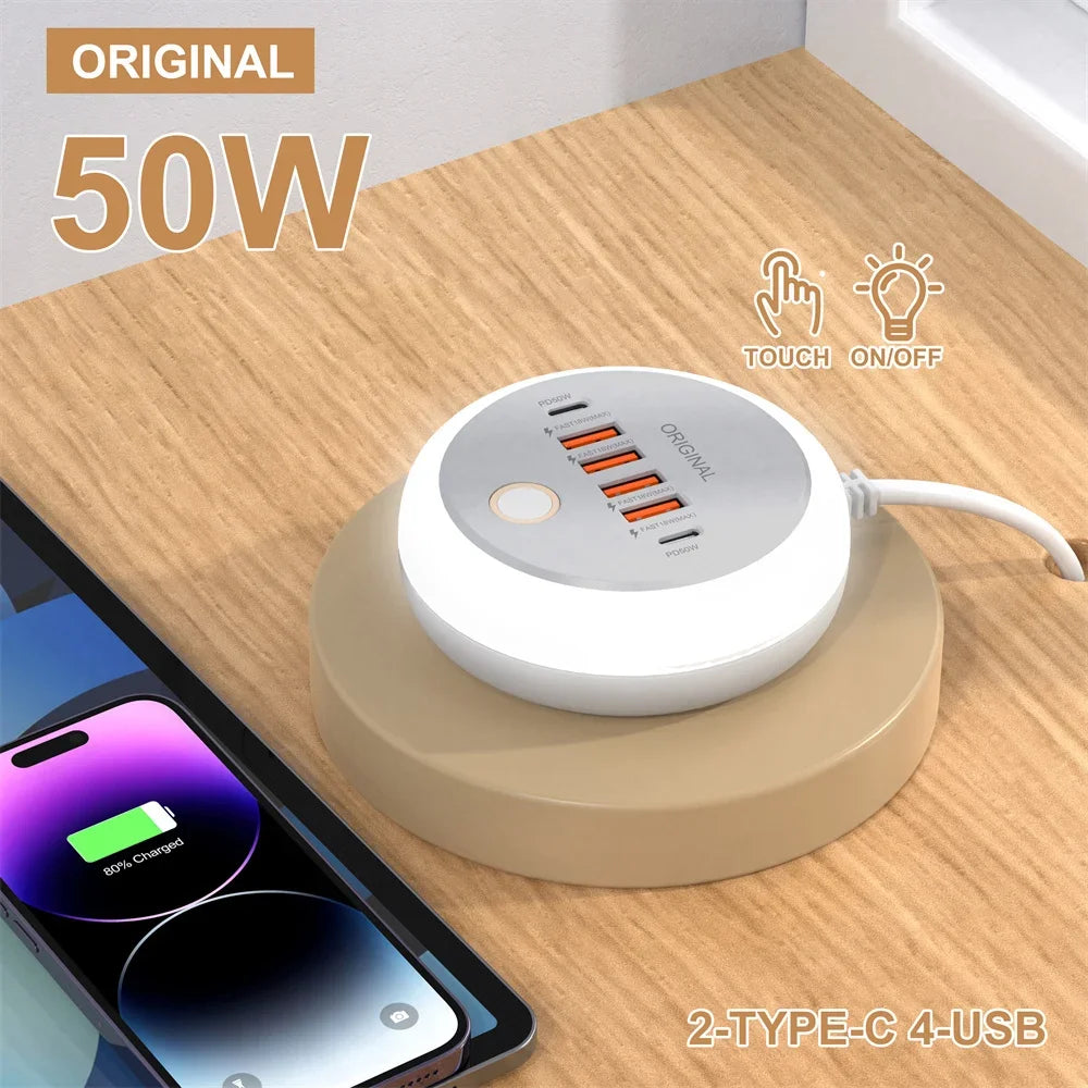 Nabíjačka USB so šiestimi portmi a dotykovým nočným svetlom