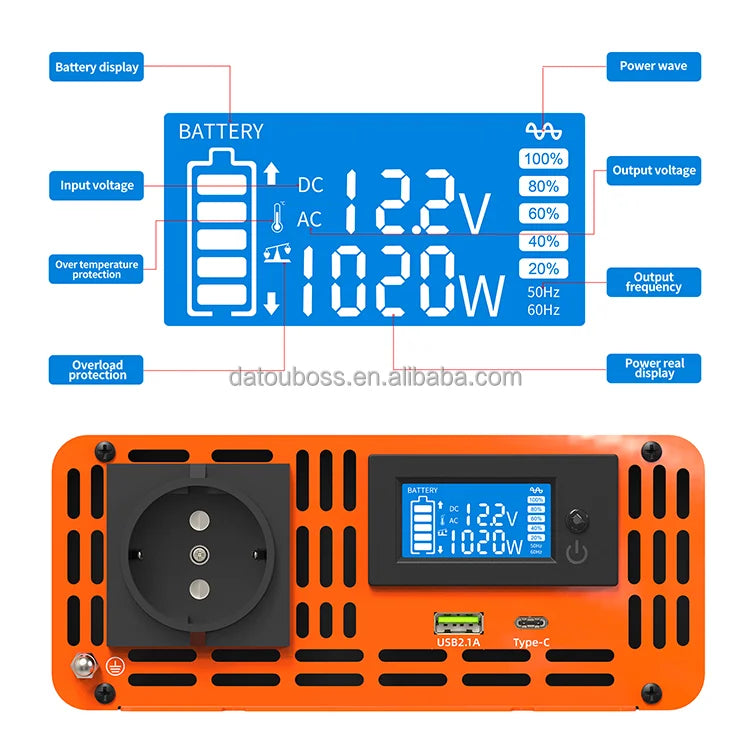 Inversor de corriente pura de onda sinusoidal de 1000W 12V/24V/48V a 120V/220V