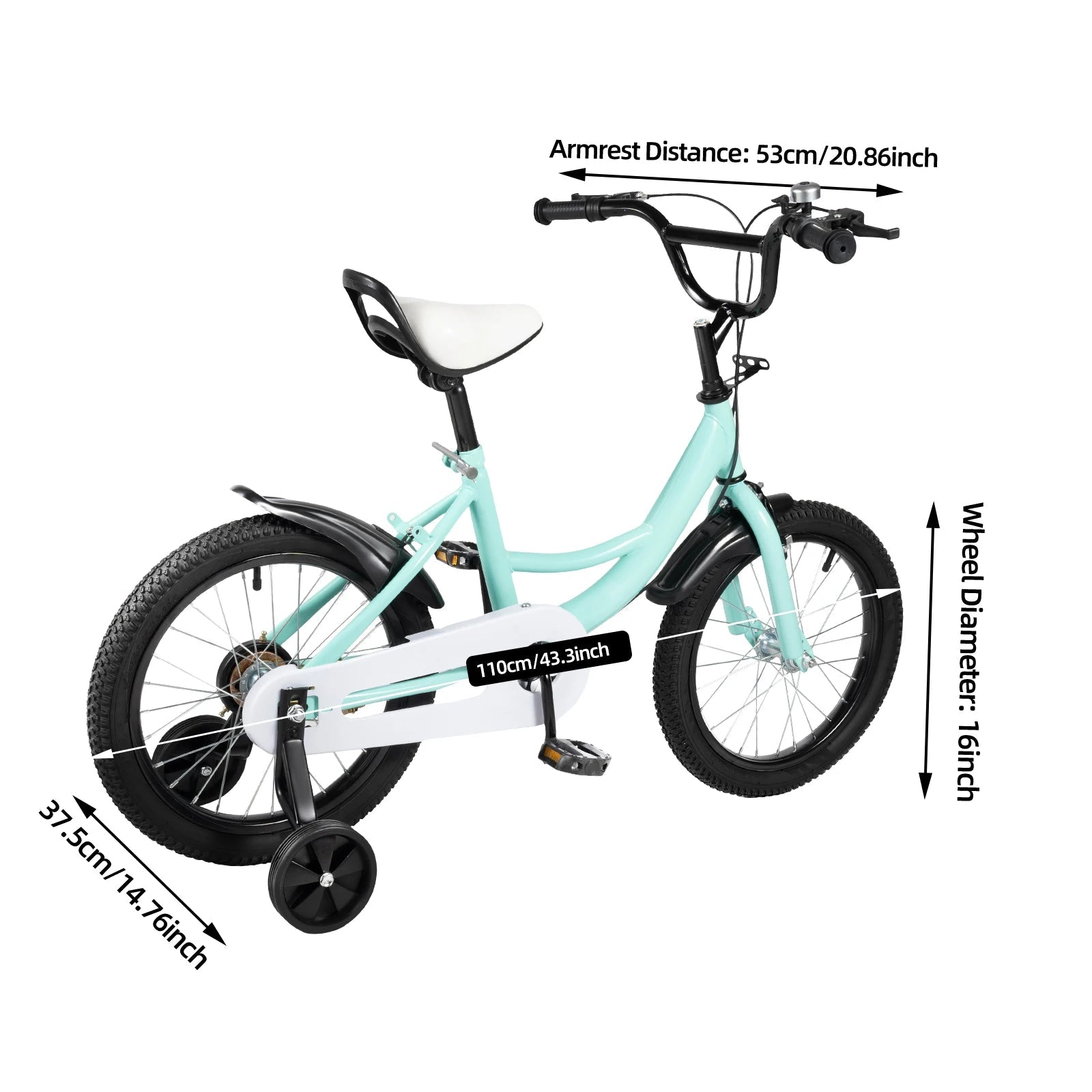 16 Inch Kids Bike Adjustable Height Dual Brakes Children's Bicycle Load 50kg w/ Training Wheels for Ages 5-8 (Pink/Green/Yellow)