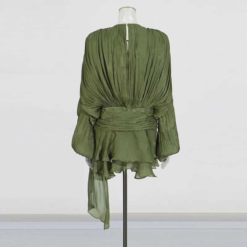 TWOTWINSTYLE Solid Patchwork Lace Up Blouse Mini Dresses For Women V Neck Long Sleeve Sweet Style Dress Female Clothing Fashion