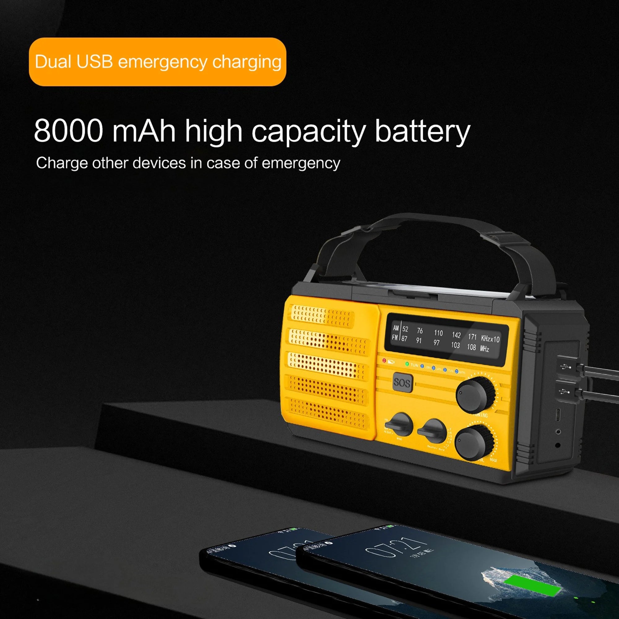Weather Radio Emergency Multifunctional Radio FM AM WB Hand Crank Solar USB Charging 2000mAh Power Bank LED Flashlight Torch