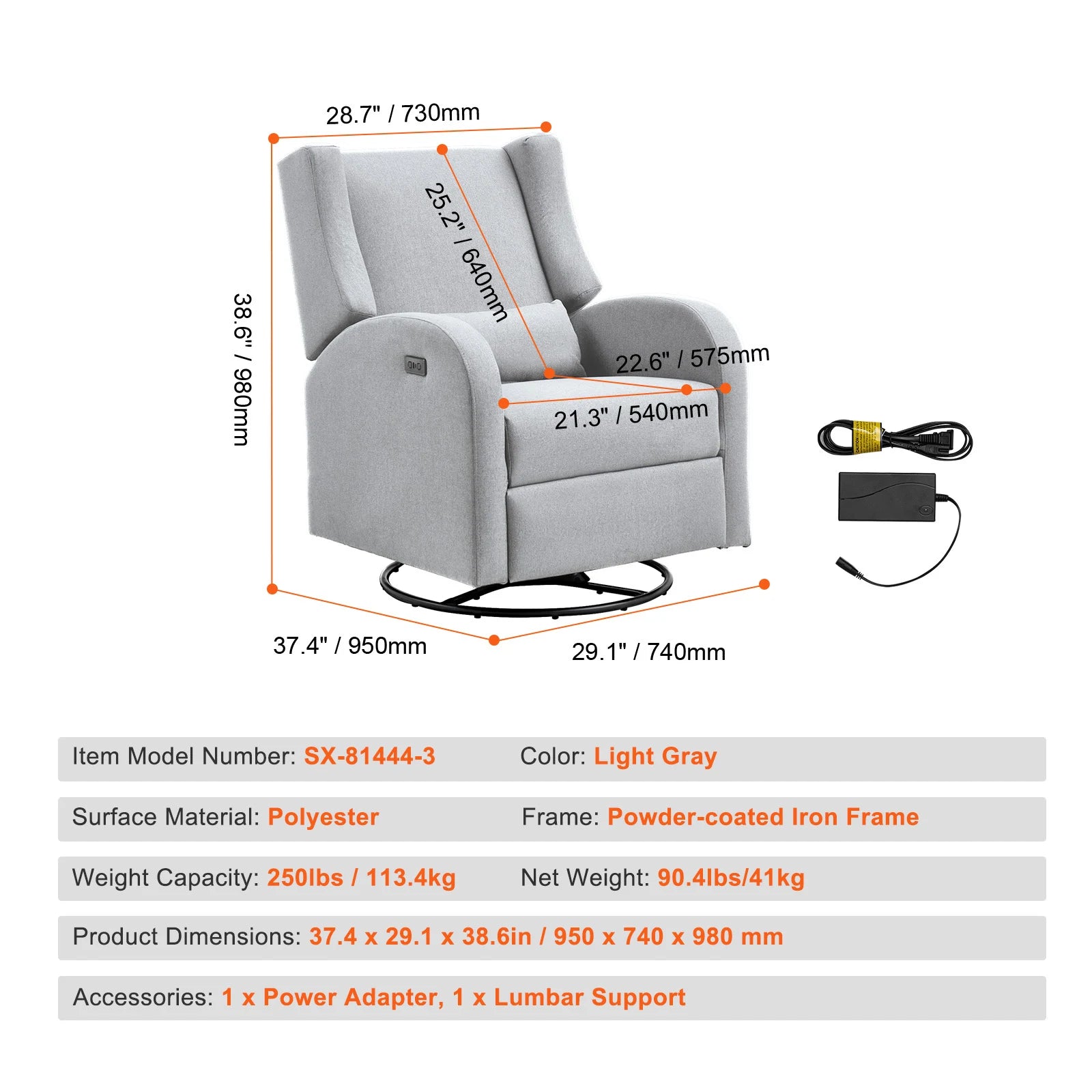 Sillón reclinable eléctrico giratorio con reclinación de 165° y rotación de 240°