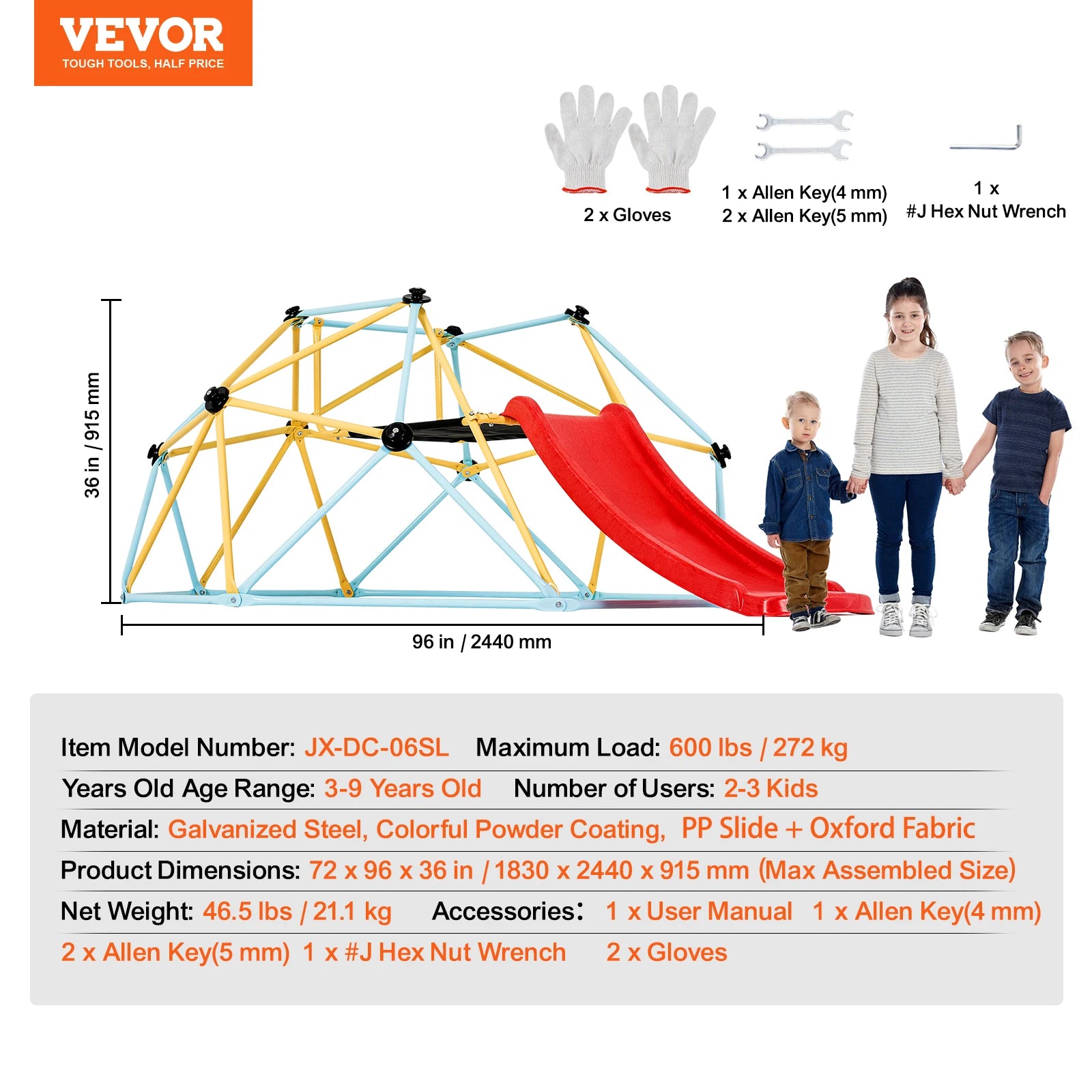 Kids Climbing Dome Jungle Gym with Swing & Hammock (6–12FT)