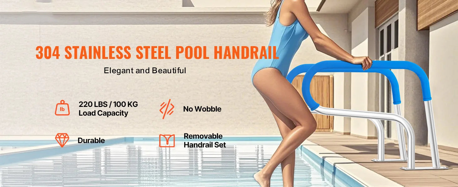 SucceBuy poolsreje håndgreb i rustfrit stål med baseplade til indendørs/udendørs swimmingpool sikkerhedsgelænder med grebscover til dækkene