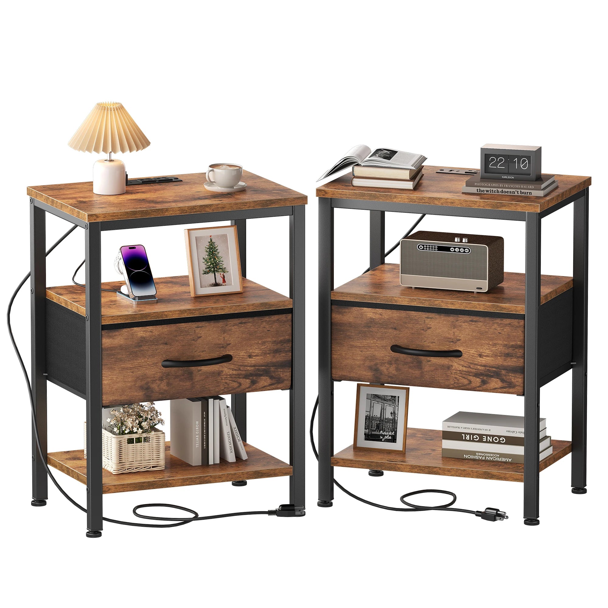 3-Tier Nightstand Set of 2 with Charging Station and Storage Drawers