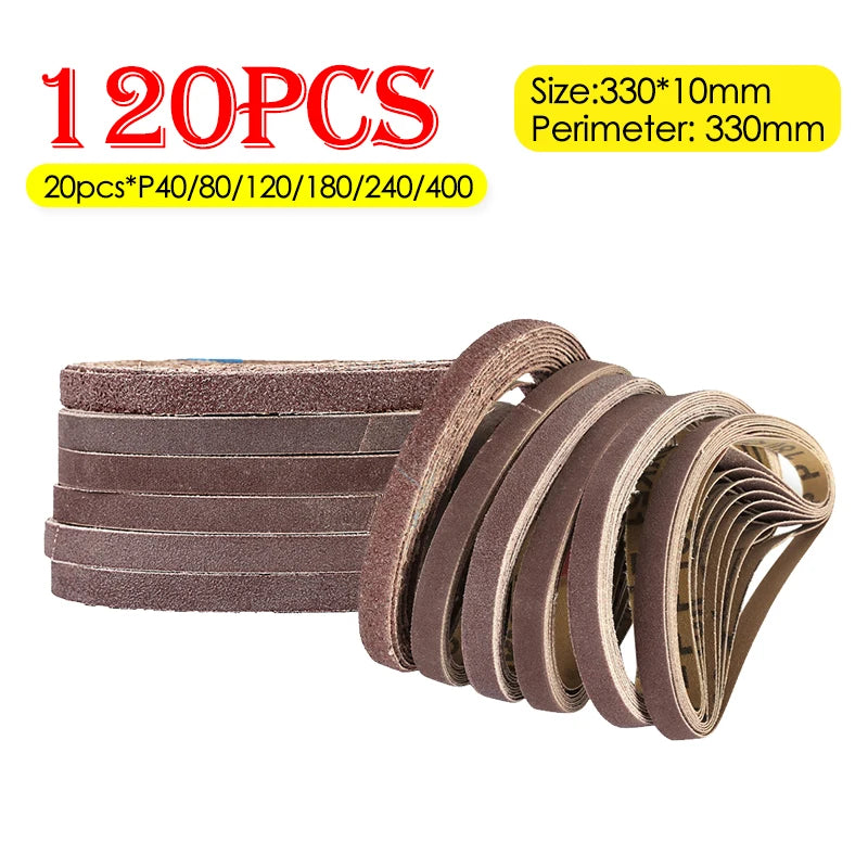 330 x 10mm Sanding Belts, 120-Piece Mixed-Grit Set
