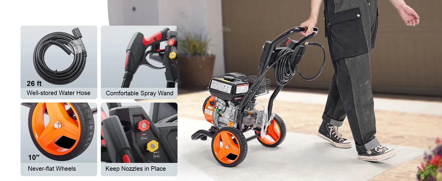Bensindriven högtryckstvätt 3400 PSI 2,6 GPM med 5 munstycken och 26 ft slang