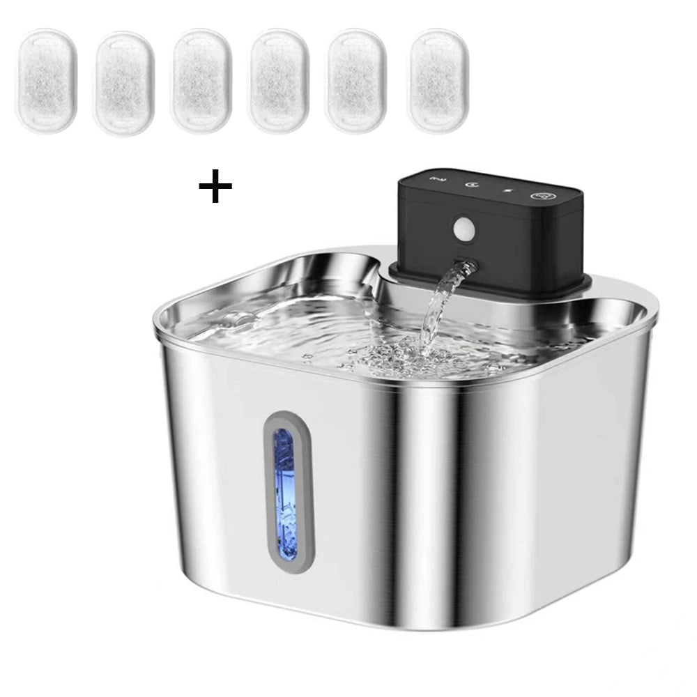 2.2L Wireless Recharging Sensor Stainless Steel Pet Water Fountain