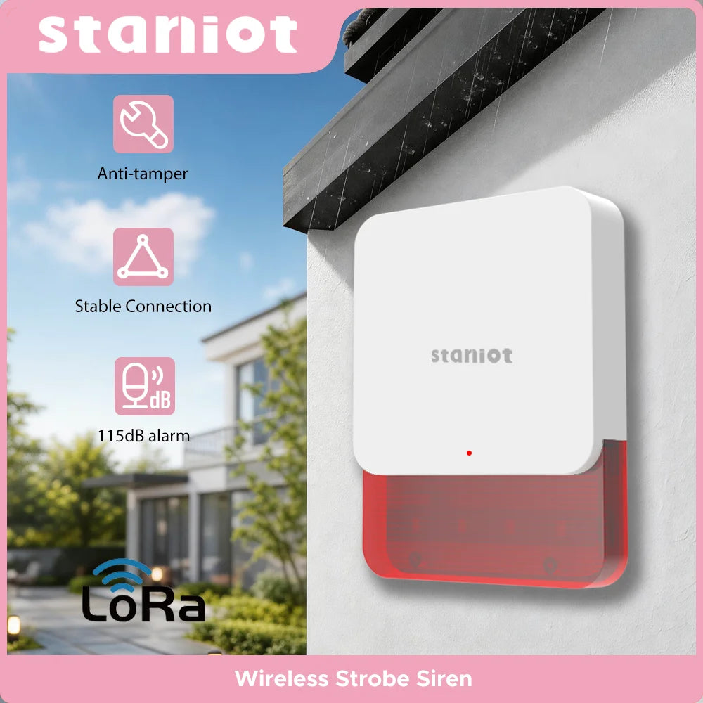Staniot LoRa Wireless Strobe Siren 115dB High Decibel Alarm with Anti-Tamper Function 500m Long Transmission Range Smart Burglar Alarm for Smart Home Security