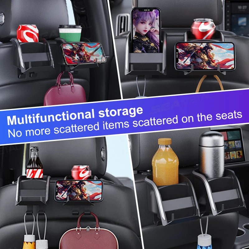 SEAMETAL 3 in 1 Car Headrest Cup Holder Car Rear Row Drink Holder Phone Mount Storage Organizer Large Load-Bearing Stable Hook
