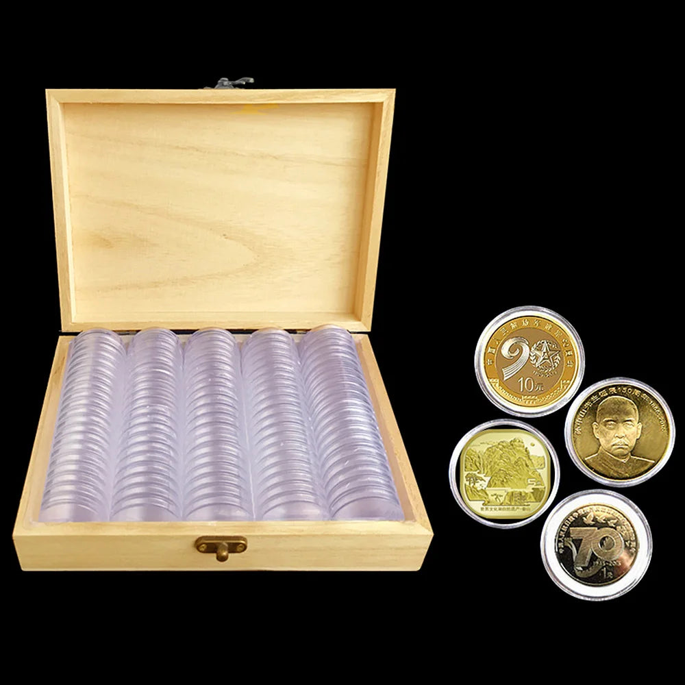 30mm Coin Capsules with Wooden Storage Case