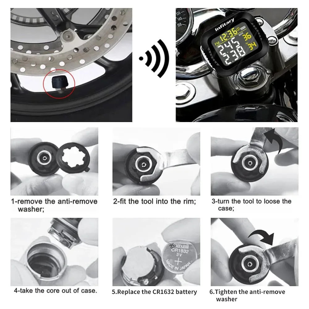 Motorcycle TPMS Tire Pressure Monitoring System Temperature Alarm With 2 External Sensors Moto Tyre Alarm Systems Real Time