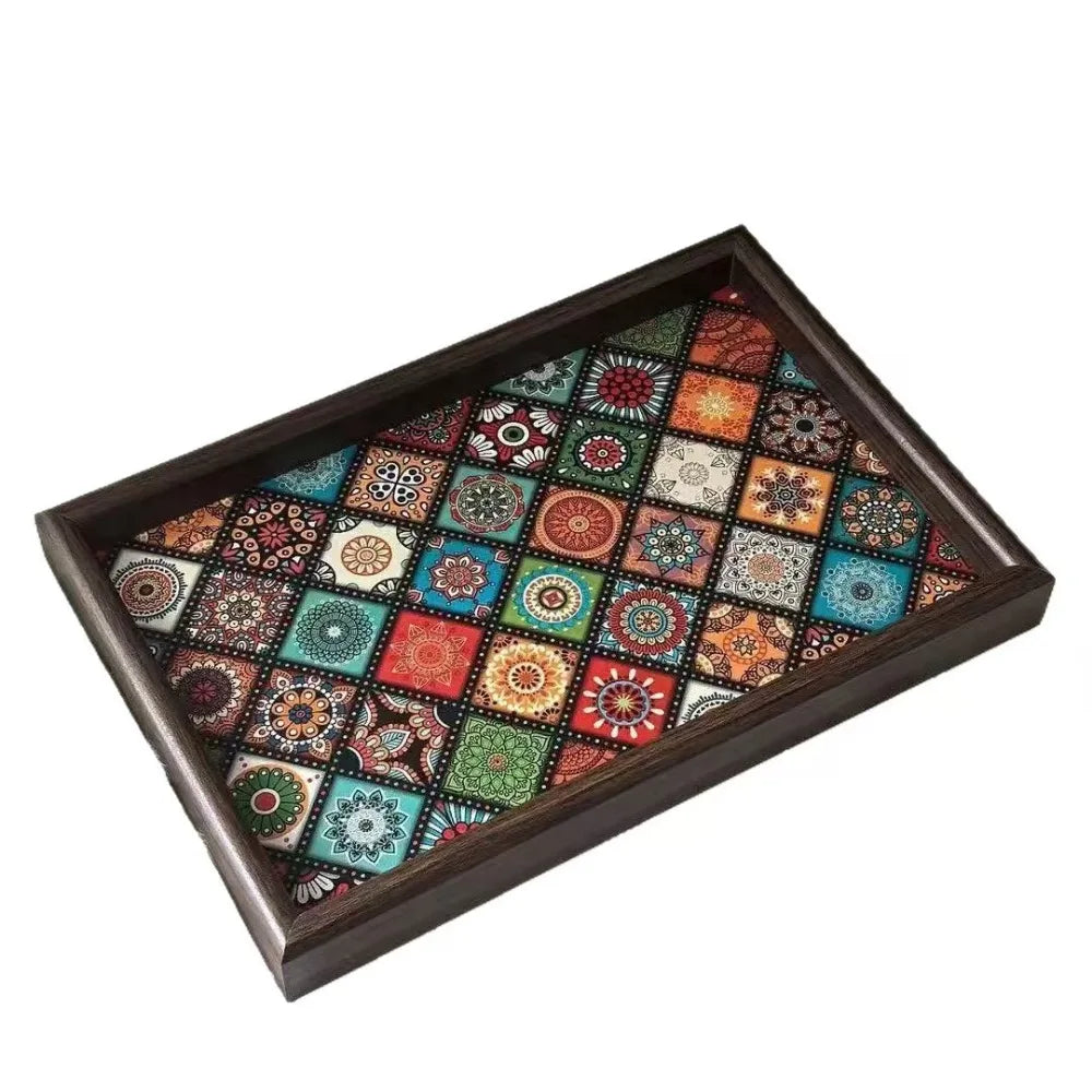 Tabuleiro de madeira de estilo boémio, 30 × 20cm