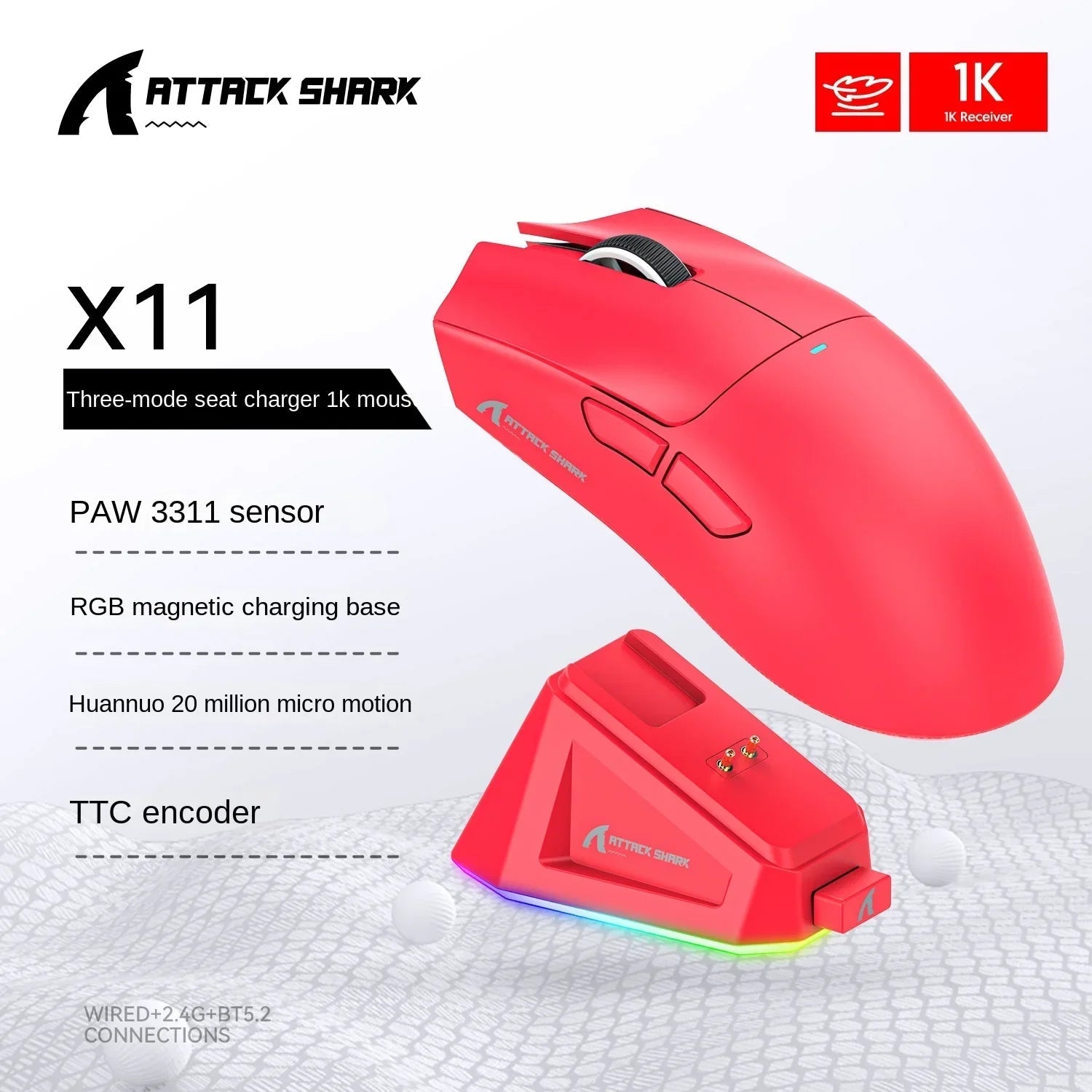 Attack Shark X11 Wireless mouse, three-mode connection 2.4GHz/ wired/Bluetooth PAW3311 22000DPI RGB magnetic charging dock mouse