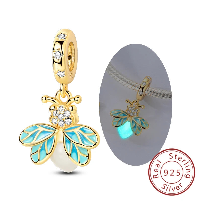 Original 925 Sterling Silver Charm Beads Glowing Luminous Firefly Butterfly Pendant for Bracelet Charm Jewelry