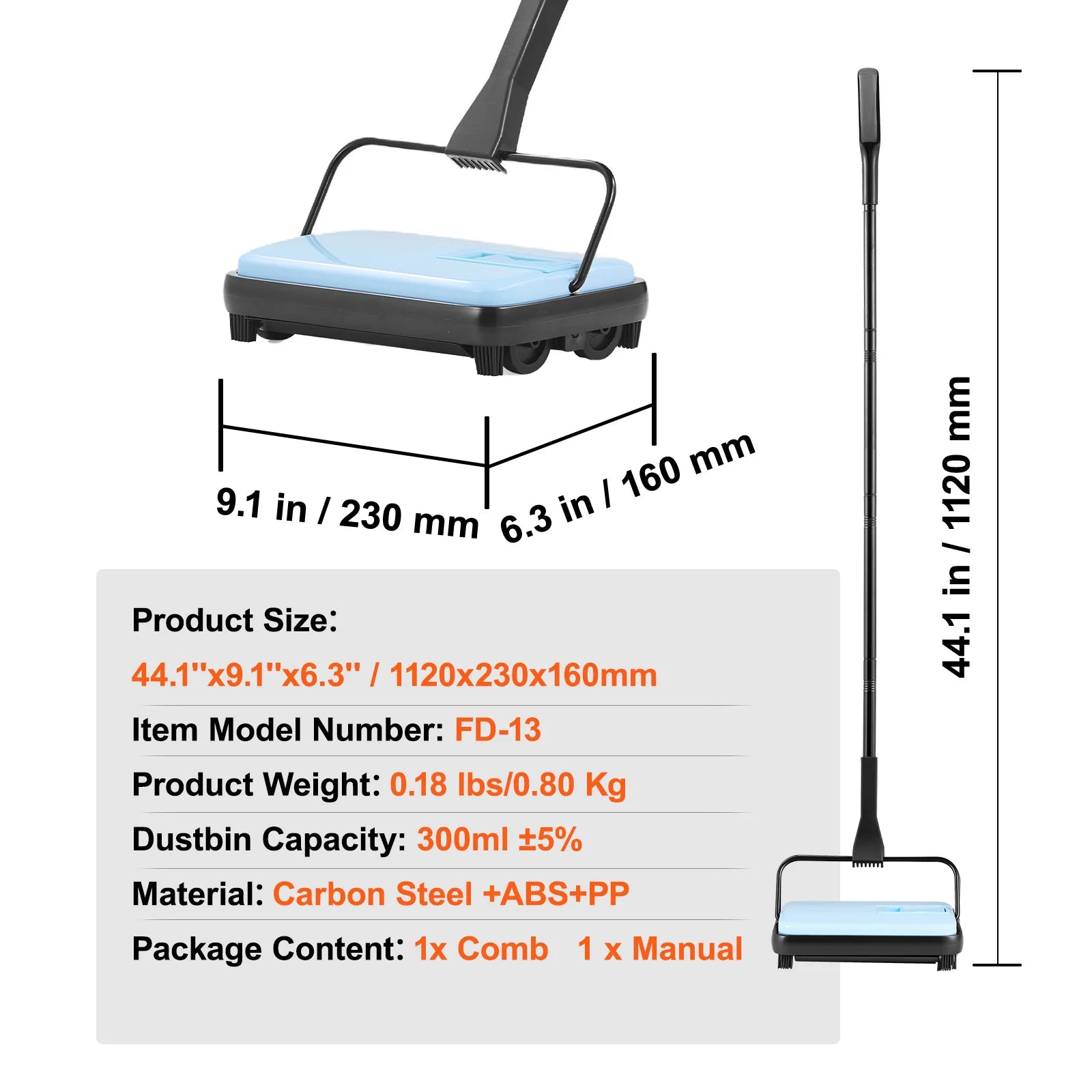 SucceBuy Carpet Sweeper Manual Floor Sweeper w/ 300ml Dustbin Capacity 6.7 Cleaning Width for Home Office Carpets Pet Hair Dust