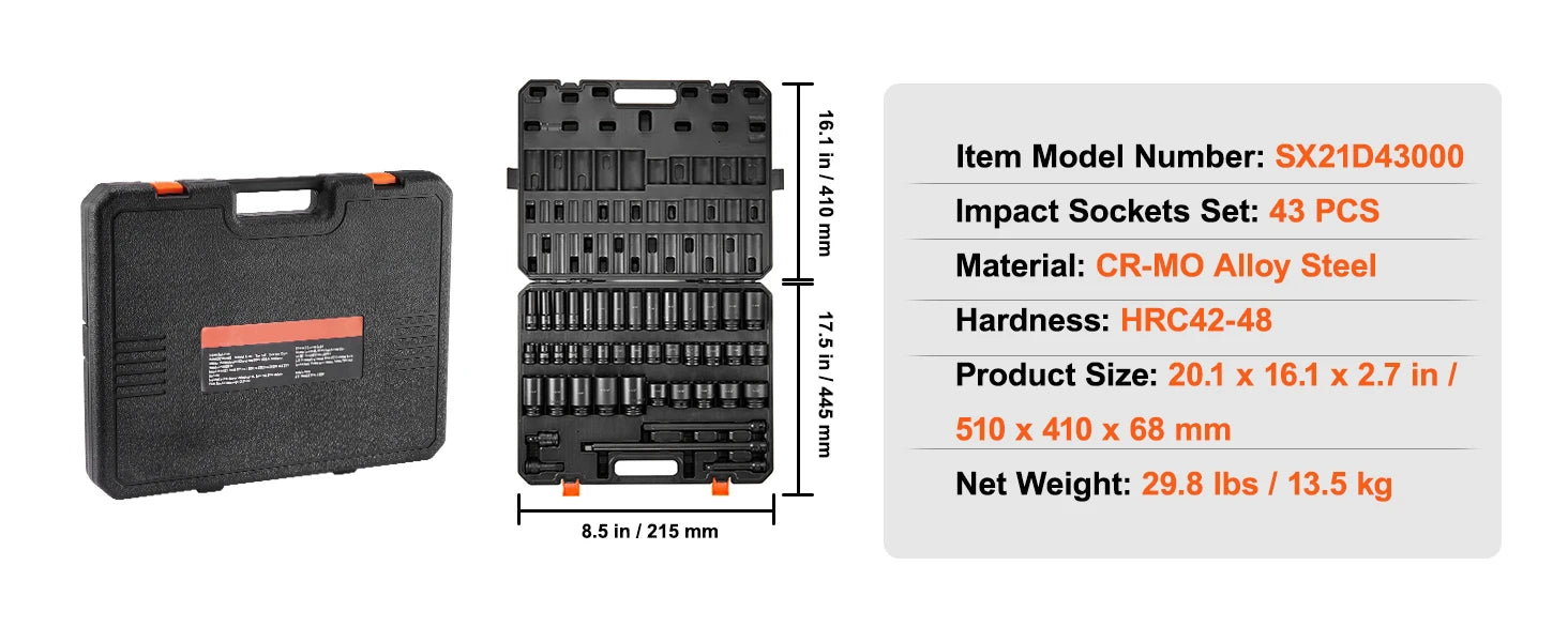 43-Piece 1/2" Drive Impact Socket Set SAE Deep & Shallow