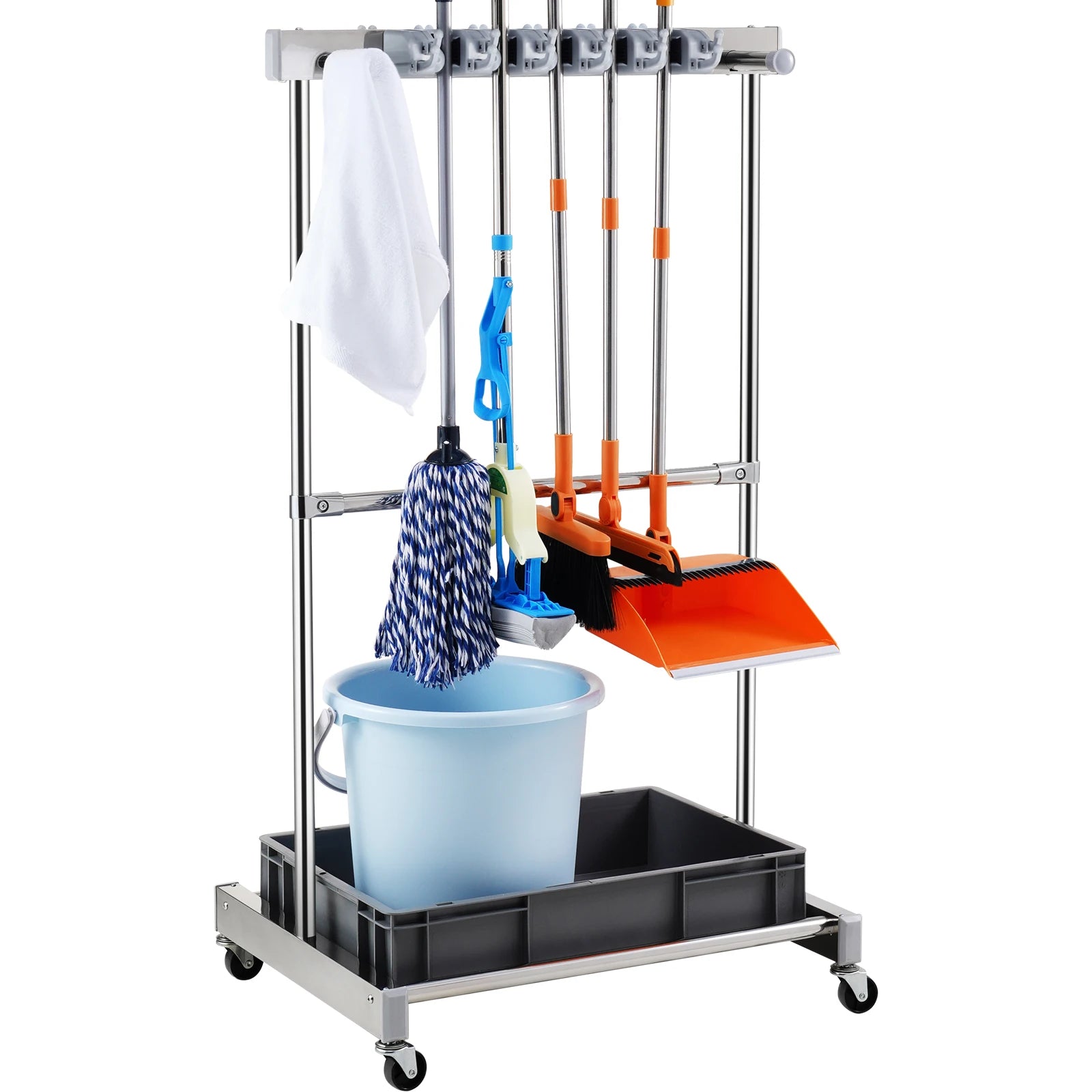 Garden Tool Organizer Rack with 10 Slots, Hooks & Rolling Wheels