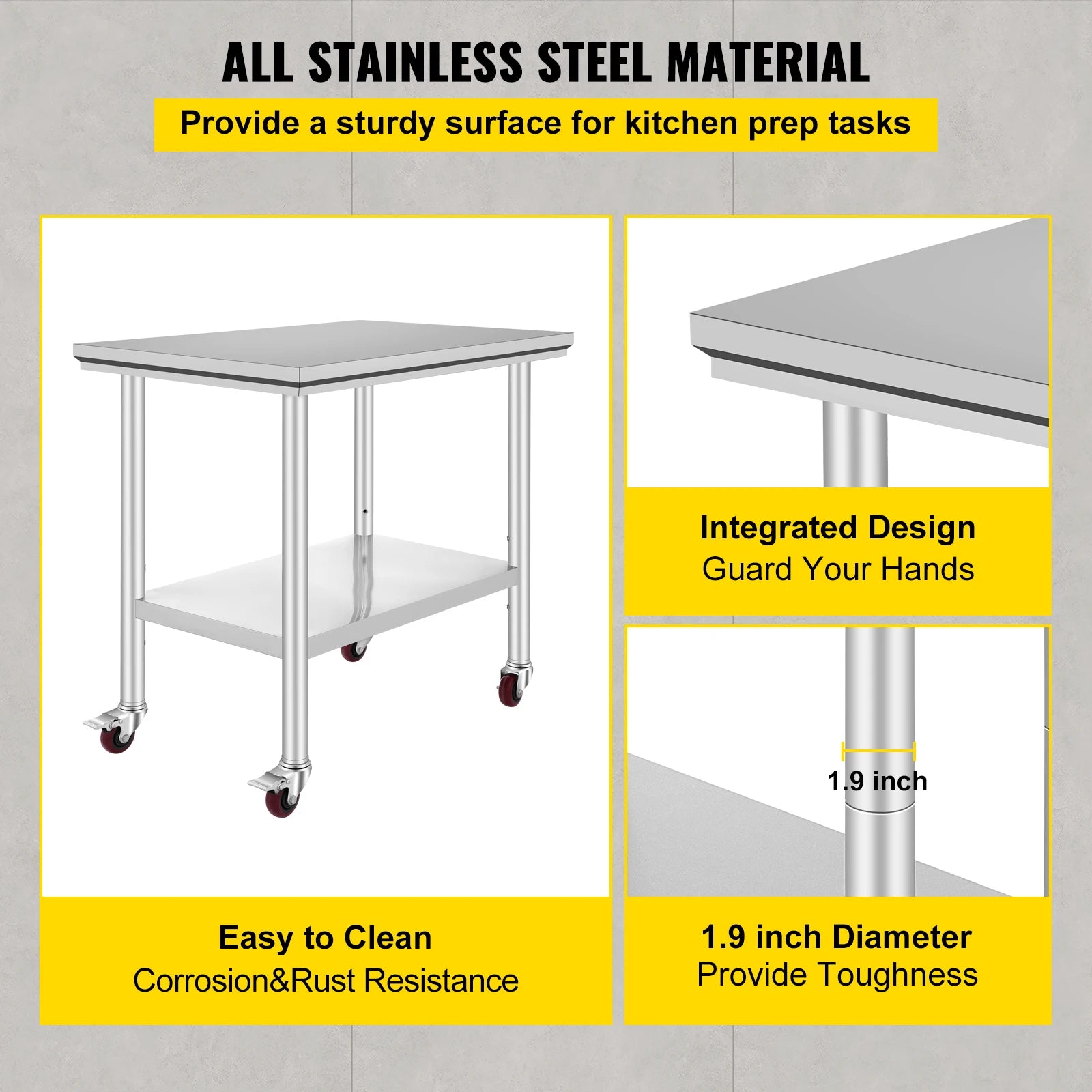 Stainless Steel Kitchen Worktable with Shelves and Caster Wheels