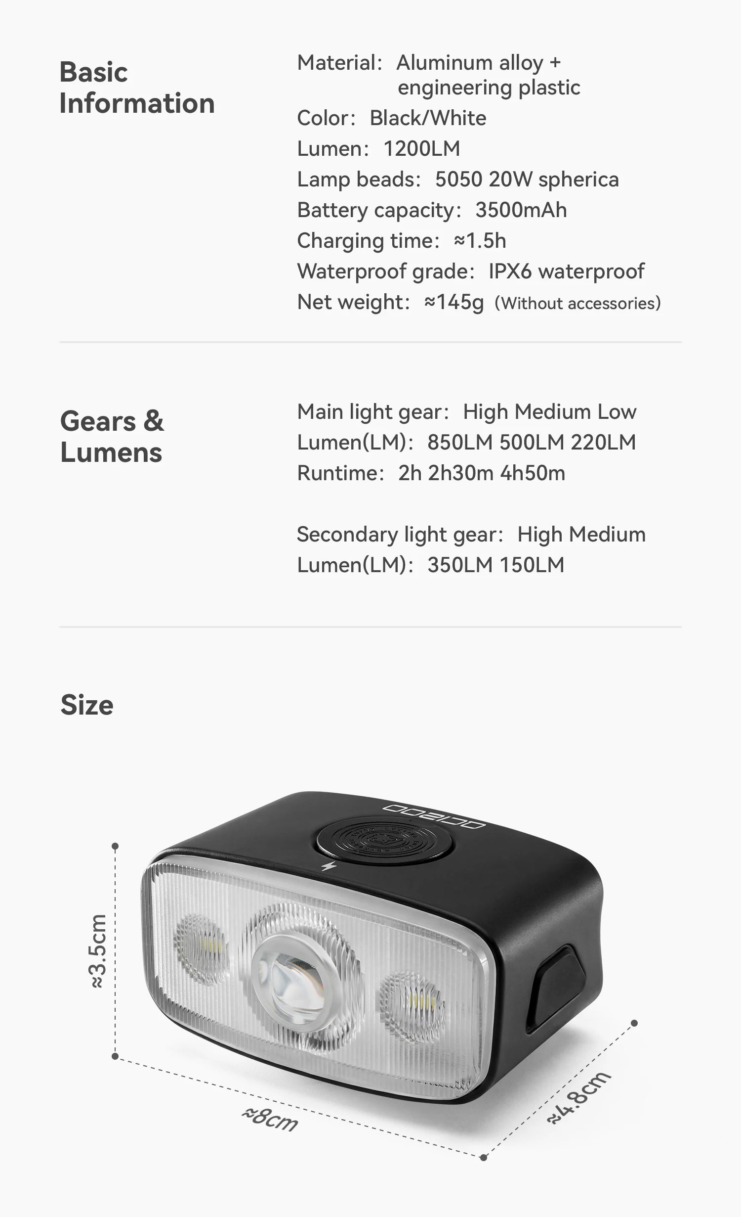 Luz Delantera para Bicicleta de 1200LM Recargable por USB, Impermeable IPX6