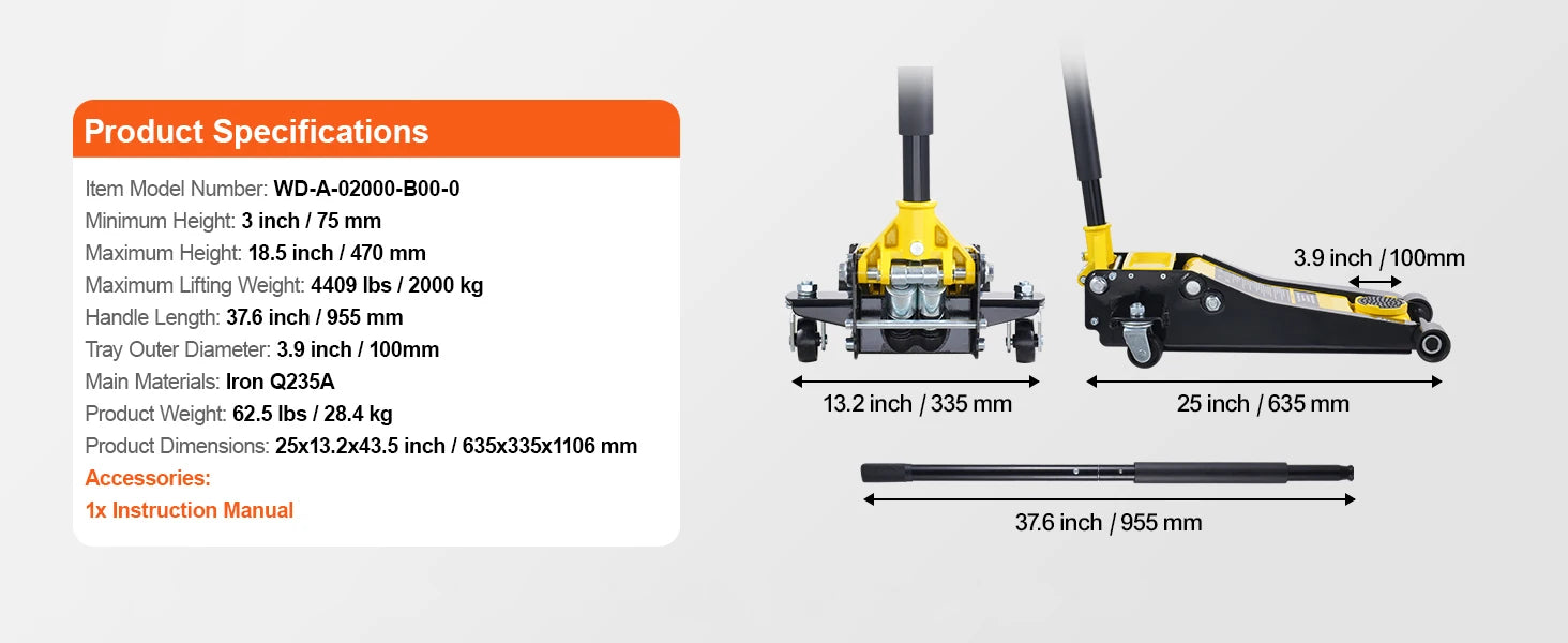 2 Ton Lage Profiel Hydraulische Vloerkrik met Dubbele Pomp Hefvermogen