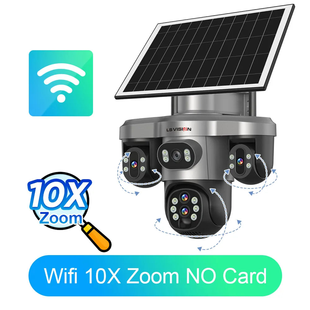 Solar Security Camera 4 Lens 3 Screen 10x Optical Zoom 4G WiFi PTZ