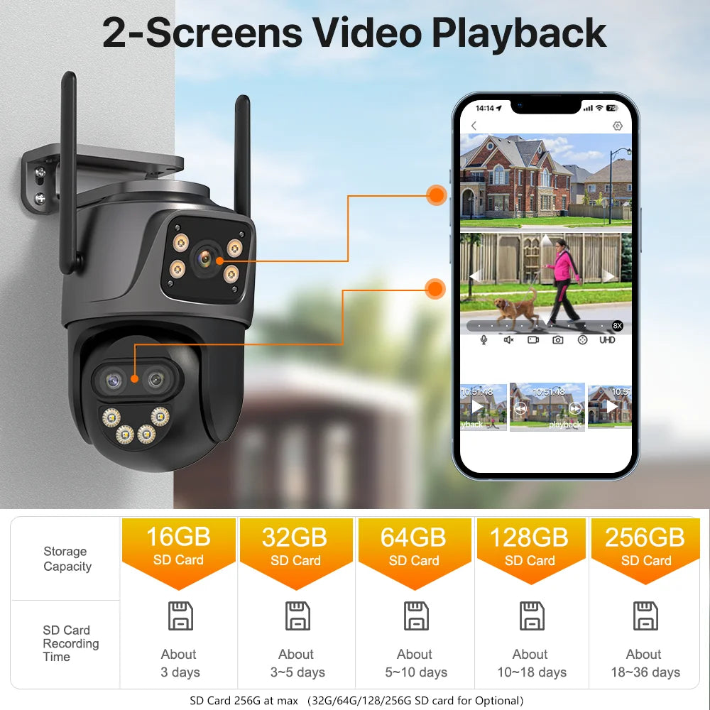 6K 9MP WiFi Outdoor PTZ Security Camera with Dual Screen, Three Lens, 8x Zoom
