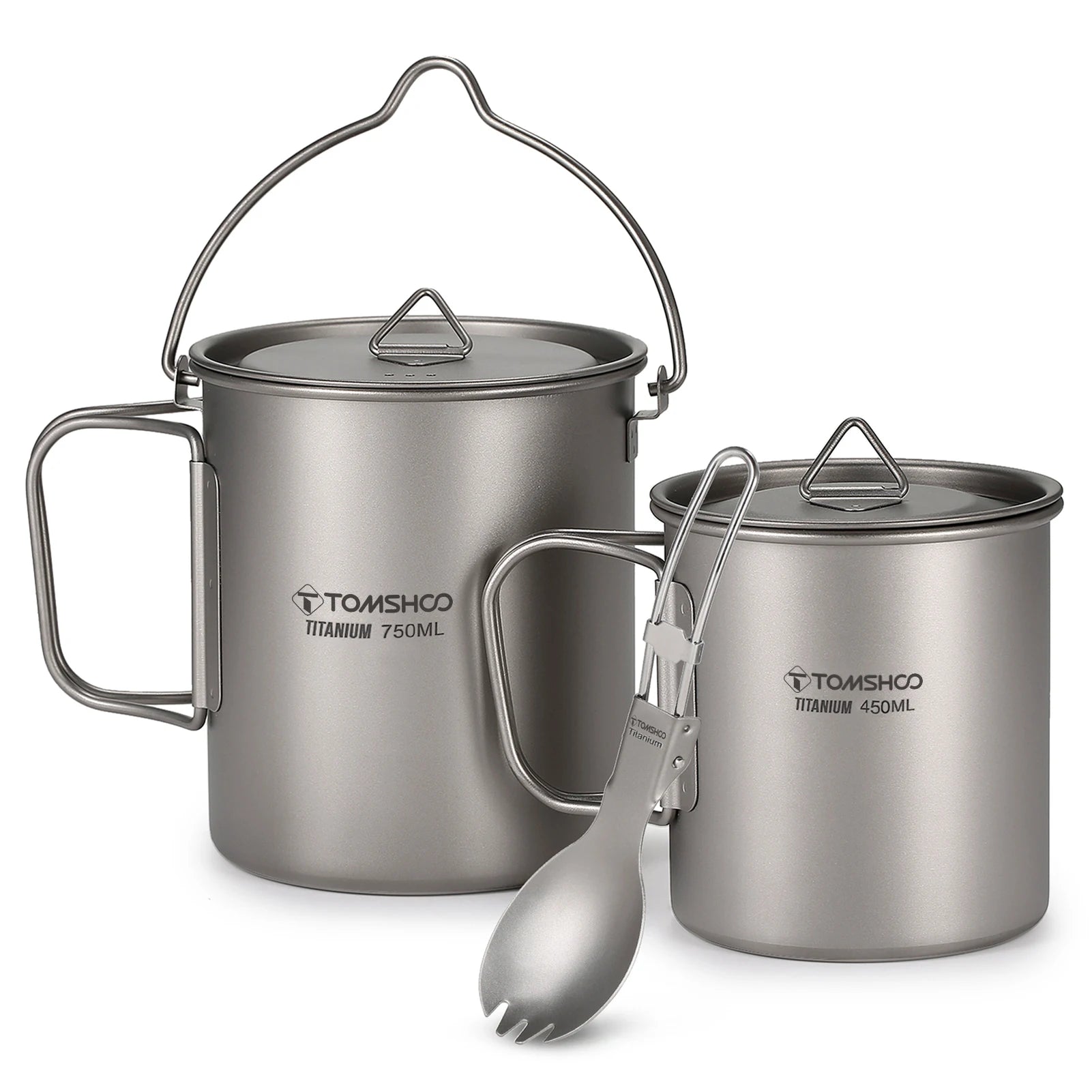 3-Piece Titanium Cookware Set with 750ml Pot, 450ml Cup, Folding Spork