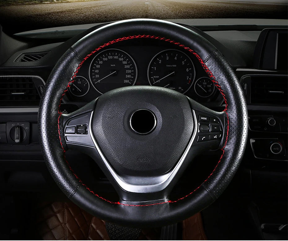 SEAMETAL 100% Genuine Leather Steering Wheel Cover Wear-Resistant Cowhide Car Steering Protection Cover Breathable Anti-Slip