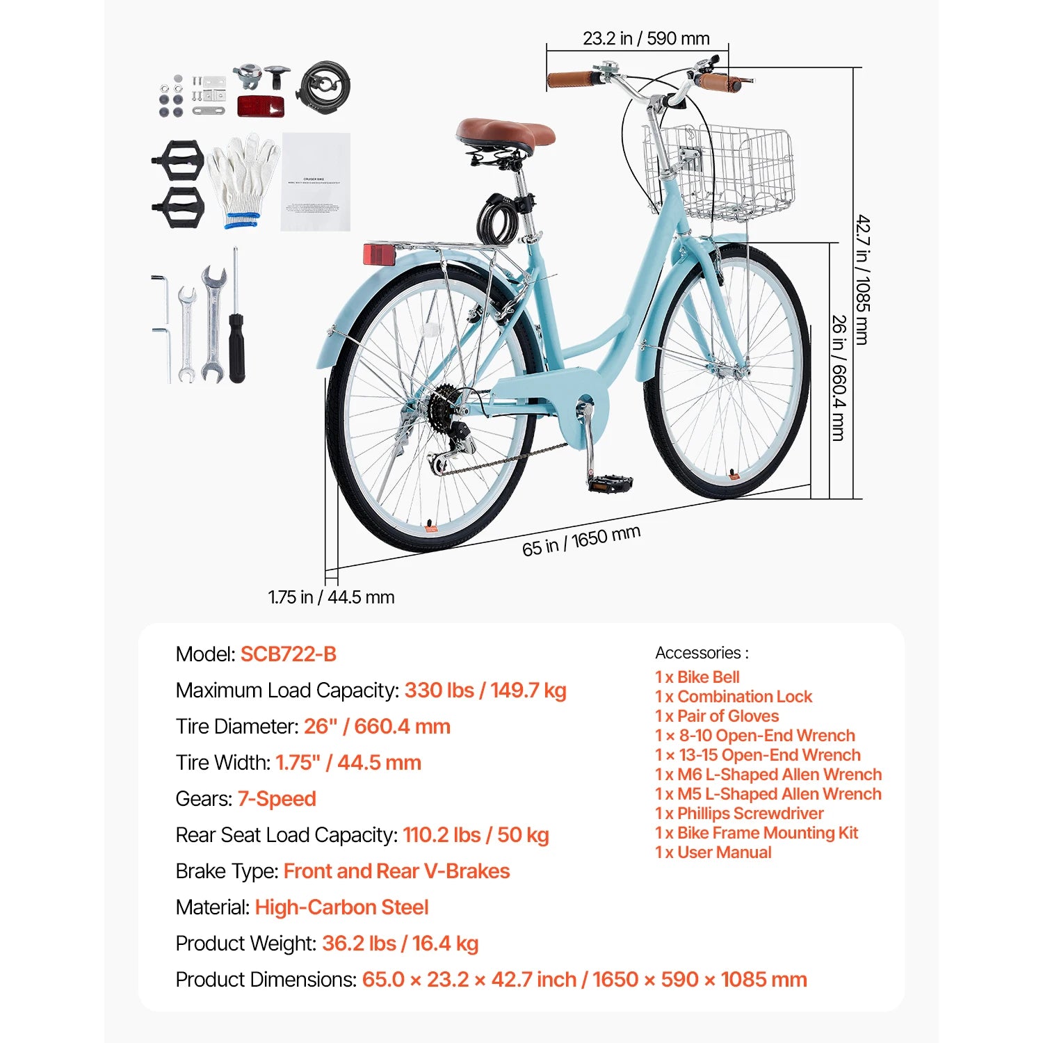24/26 Inch Cruiserfiets met Mand & Achterdrager, 7 Versnellingen Comfortabele Rit